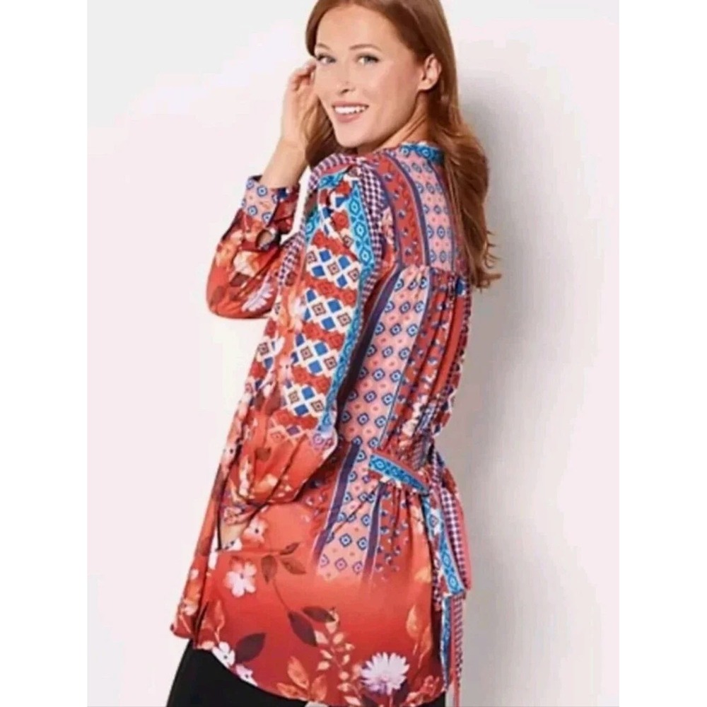 Tolani Collection Red Floral Patchwork Tunic Blouse Boho Smocked Waist Size L